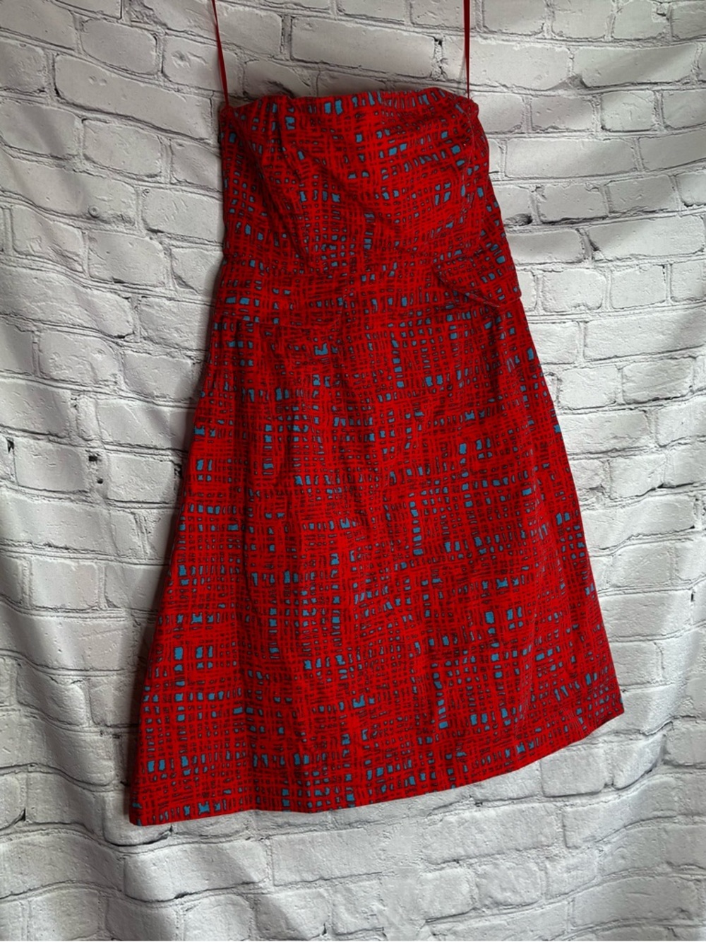 Anthropologie Tabitha Crosshatch Red Blue Strapless A Line Retro Dress Size 6